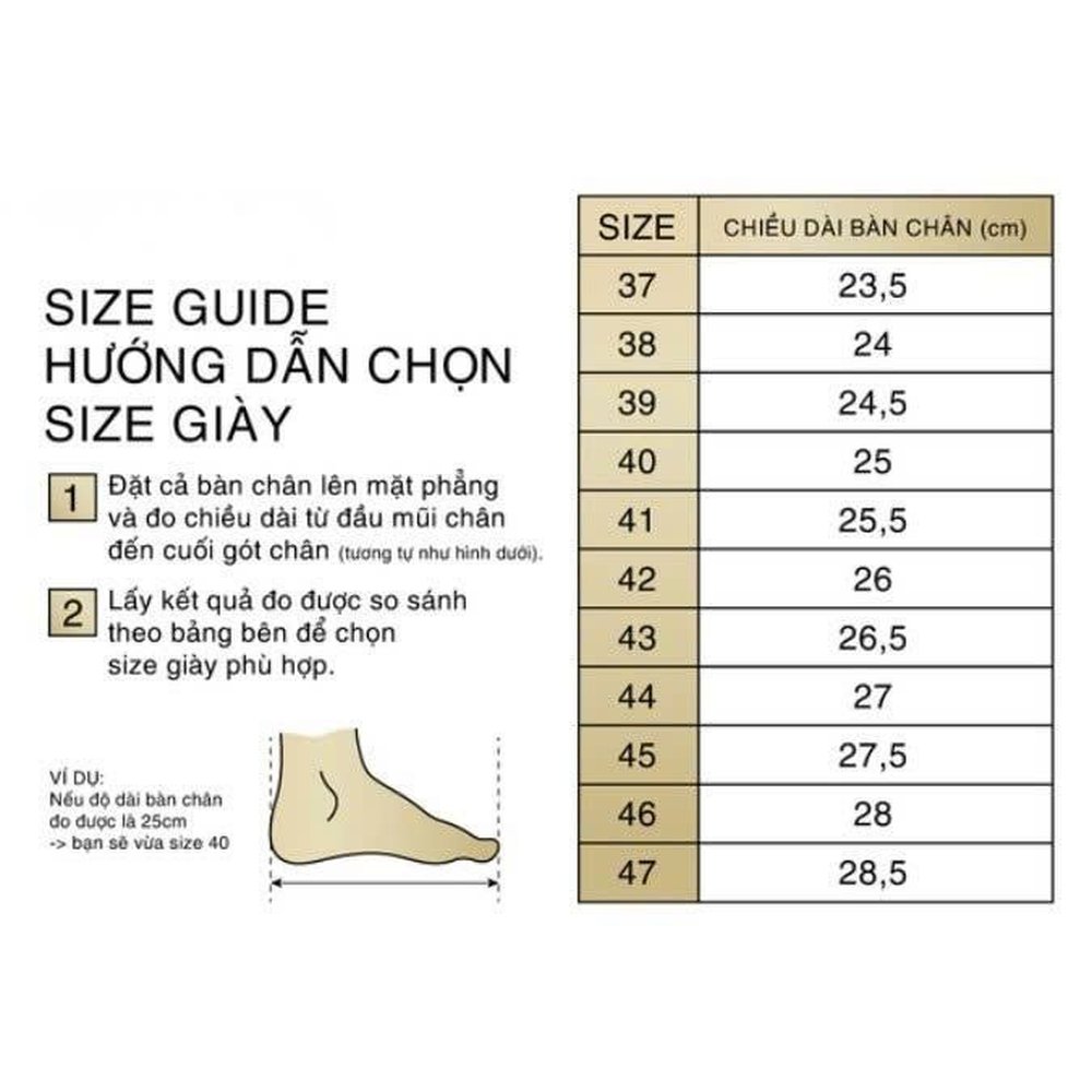 Bảng hướng dẫn chọn size theo cm bàn chân